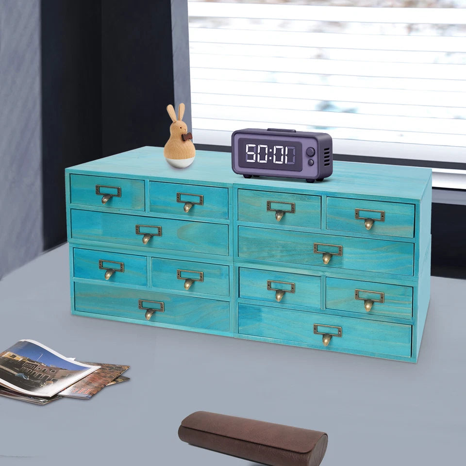 Wooden Desktop Organizer, Wooden Storage 3 Drawers for Tabletop Blue NEW