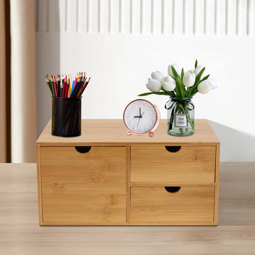 Bamboo Desk Organizer with Drawers, Tabletop Storage Box for Home & Office