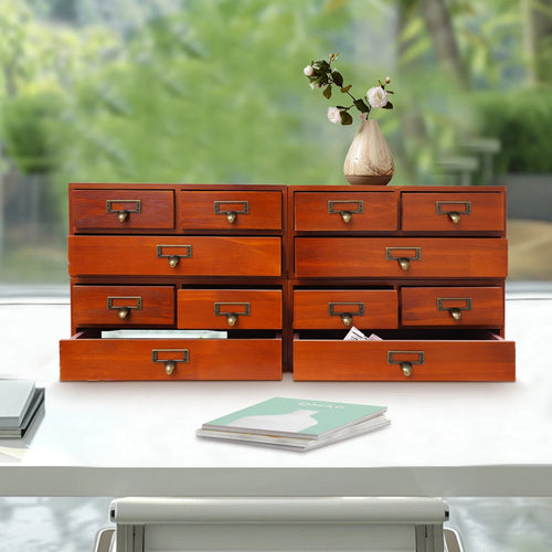 4-Pack 3-Drawer Wooden Desktop Organizer Storage Boxes, Tabletop Drawer Organizers, Brown