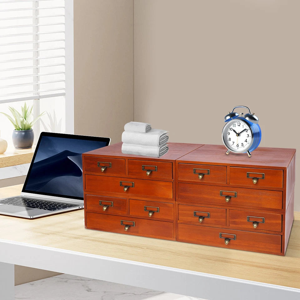4-Pack 3-Drawer Wooden Desktop Organizer Storage Boxes, Tabletop Drawer Organizers, Brown